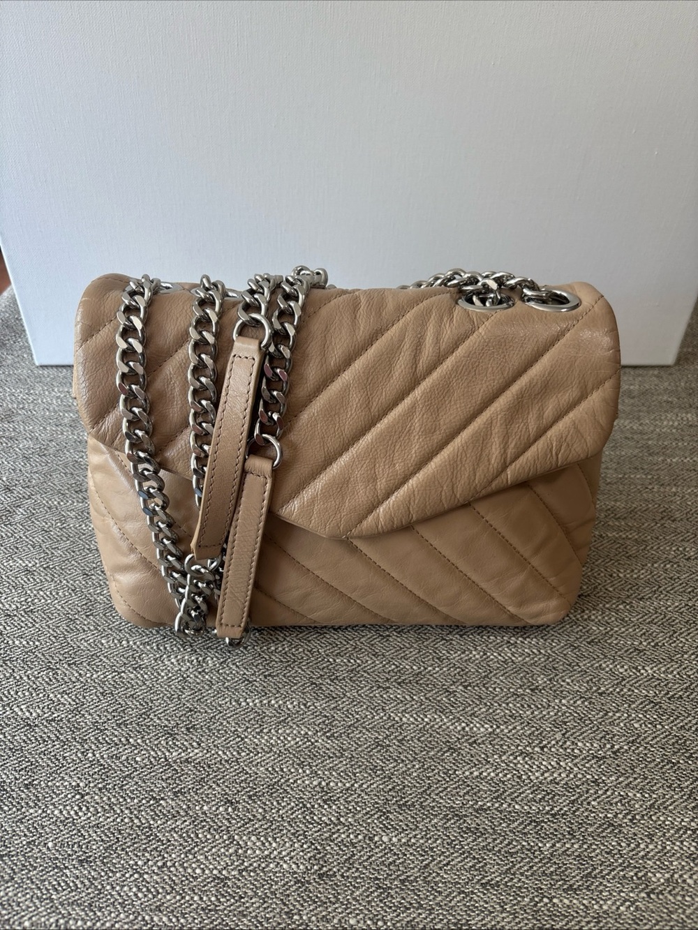 Vince Camuto Quilted Tan Leather Shoulder Bag with Silver Chain